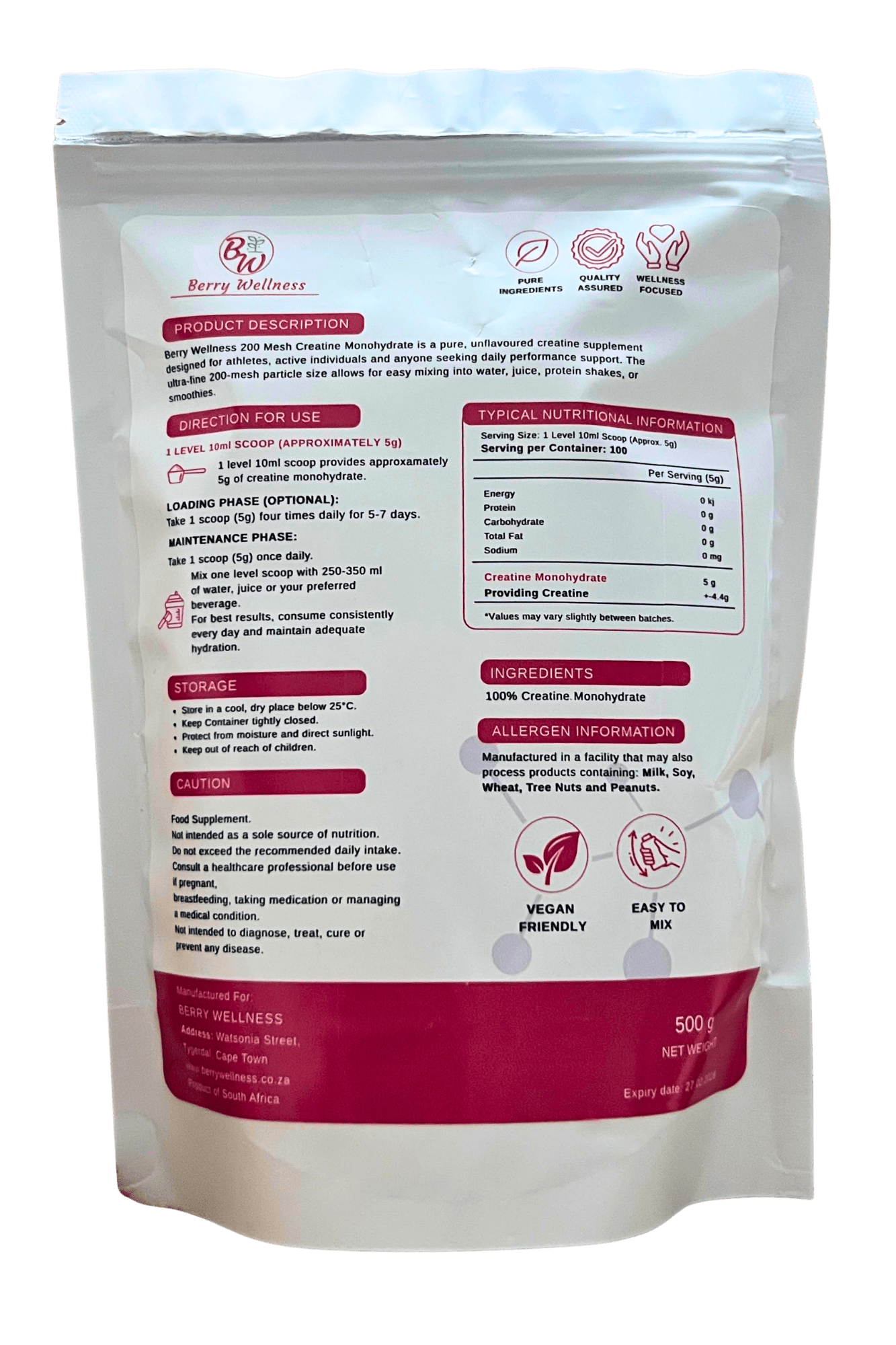 Berry Wellness 200 Mesh Super Fine Creatine Monohydrate 500g - Image 2
